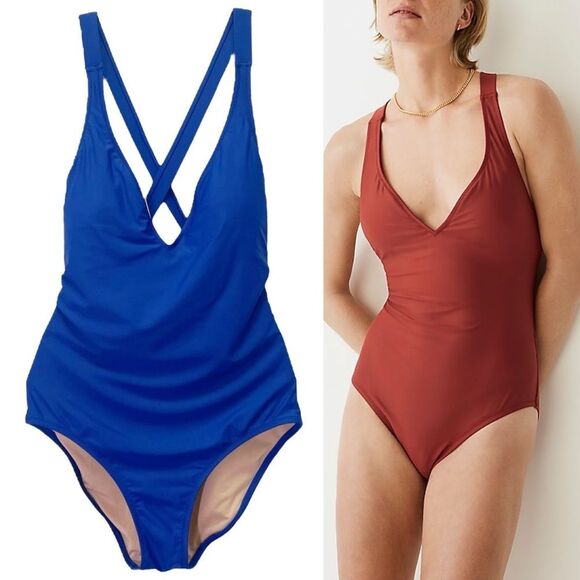 J. Crew Cross Back One Piece Swimsuit Royal Blue Size 8 V-Neck Plunge Low Back - Picture 4 of 13